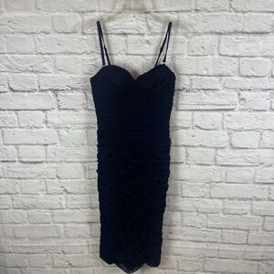 BCBGmaxazria NWT Y2K Navy Glam Bodycon Ruched Midi Cocktail Party Dress Size 2